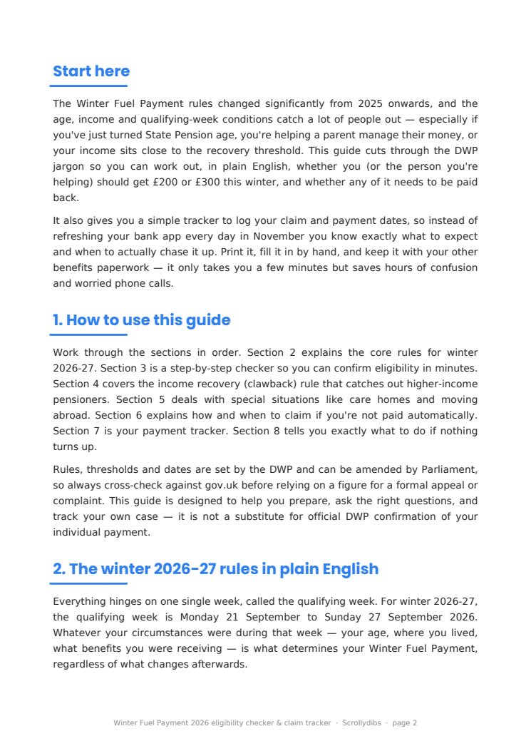 Inside page 1 of Winter Fuel Payment 2026 eligibility checker & claim tracker