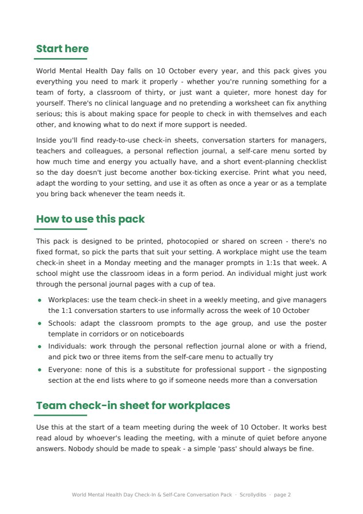 Inside page 1 of World Mental Health Day Check-In & Self-Care Conversation Pack