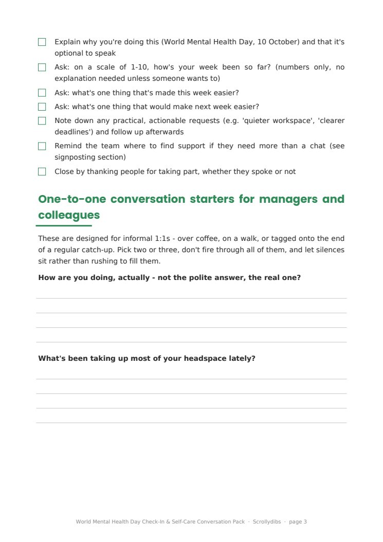 Inside page 2 of World Mental Health Day Check-In & Self-Care Conversation Pack