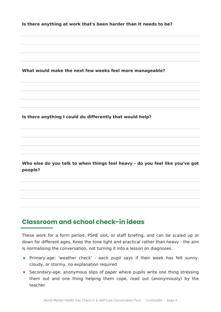 Inside page 3 of World Mental Health Day Check-In & Self-Care Conversation Pack